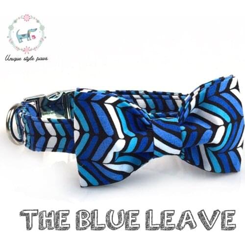 Blue Wave Pattern Plaid Dog and Cat Collar and Leash Set with Bowtie Soft and Cotton Fabric Adjustable Metal Buckle