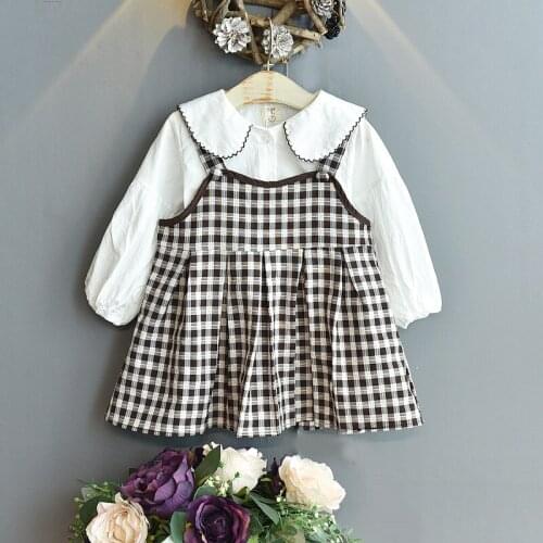 Girls Korean Doll Collar Shirt Strap Plaid Skirt Set Kids Clothes Girls Toddler Fall Clothes 2021 Fashion Clothes Clothing Set