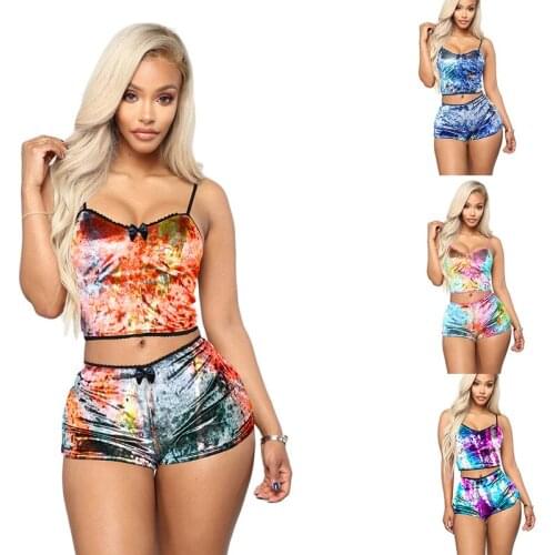 Summer Women Velvet Tie Dye Print Two Piece Set Sexy Club Party Tank Top Shorts Suit Tracksuit