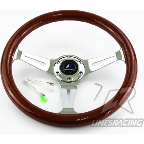 LR Universal 14" 350mm Wood Grain Steering Wheel 6 Bolts 1.75" Dish 3-Spoke Wood