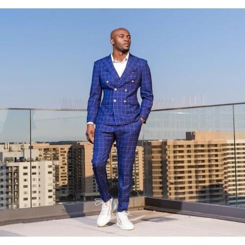 Double Breasted Check Mens Suits Slim Fit Two Pieces Chess Board Wedding Tuxedos Customized Groomens Wears