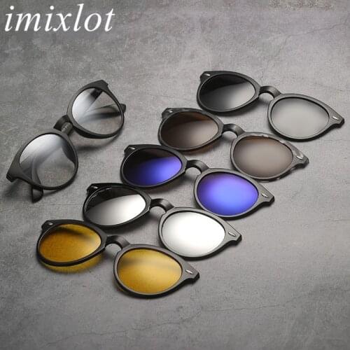 Imixlot Newest Fashion Classic 5 in 1 Fashion Clip On Round Sunglasses Unisex Magnet Clear Lens Polarized Sun Glasses Set