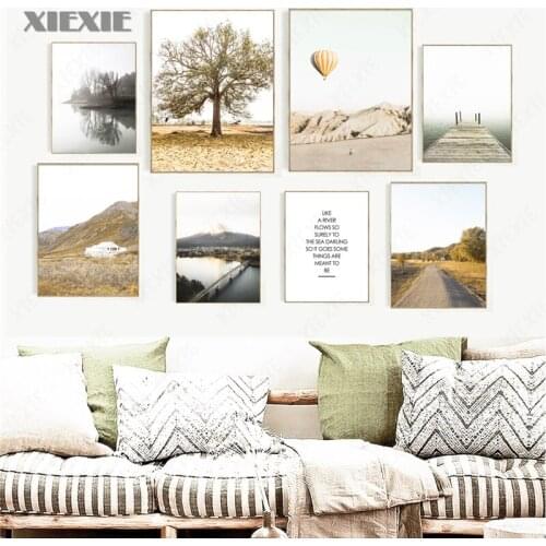 Bridge Mountain Tree Hot Air Balloon Road Wall Art Canvas Painting Nordic Posters and Prints Wall Pictures for Living Room Decor