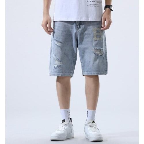 Light Blue Pantalon Hombre Denim Shorts Knee Length Short Straight Pants Men Ripped Jeans Homme Summer Casual Shorts Men