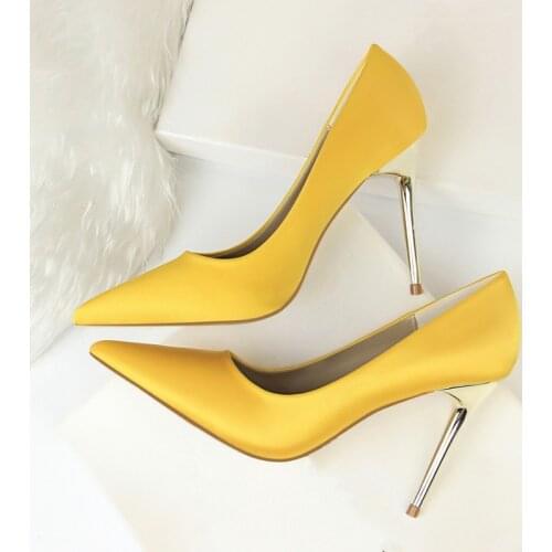 Metal Heel Shoes Women Silk Thin High Pumps Satin Heel Sexy Elegant High Heels Yellow 34 42 43 Pointed Fashion Ladies Shoes