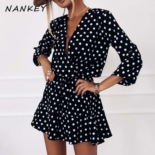 NANKEY Women Dot Print Elegant Dress Long Sleeve Boho Mini Beach Casual Dress Loose Pleated Dress Ruffles Party Dress Vestidos