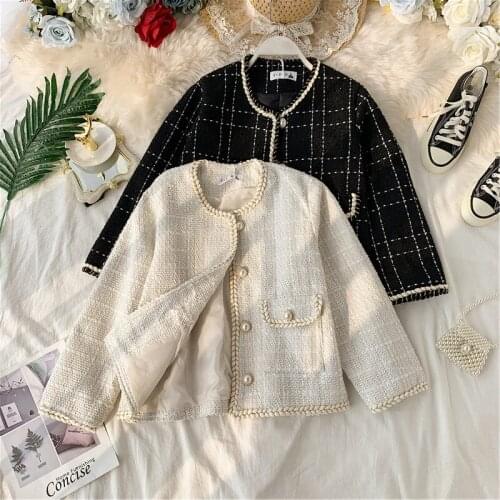 Fashion small fragrant short coat women new Korean version of the tweed plaid loose jacket autumn winter retro French jacket