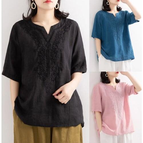 Women Lace Embroidery Blouse Shirt Short Sleeve Cotton Shirt Loose Ladies Casual Summer Solid Color Elegant Tops Womens Clothing