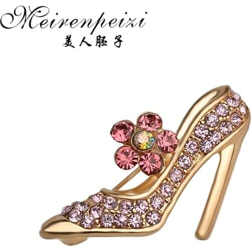High-Heeled Shoe Rhinestones Brooches Women Red Flower Embellishment Lapel Pin Gold Rhinestones Brooch Pink Crystal Broach
