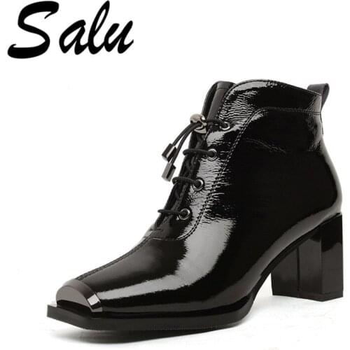 Salu New Top Quality Real Leather Boots Women High Heels Platform Ankle Boots for Women Square Toe Autumn Winter Shoes