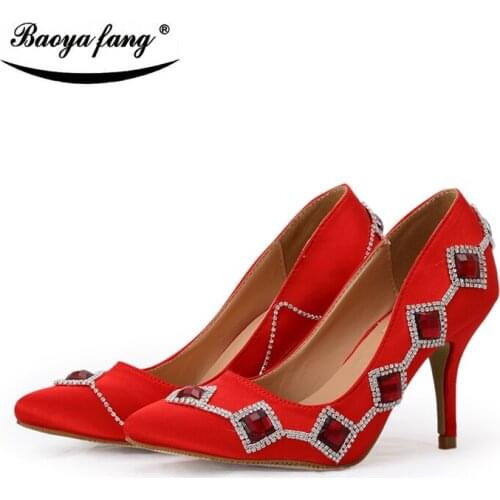 BaoYaFang Red big crystal women wedding shoes bride pointed toe shoes 8cm high heels ladies party dress shoes female