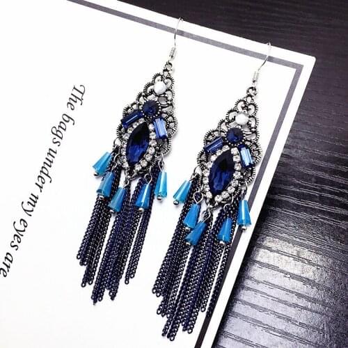 Blue Crystal Long Tassels Vintage Dangling Earrings Women Fashion Accessories Trends 2021 Style Fine Jewelry Gifts