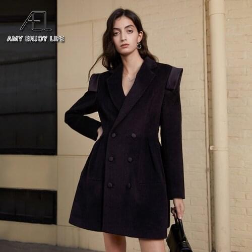 AEL Black Blazer Dress Coat Women Winter Lapel Collar Wool Blend Double-Breasted Woolen Elegant Fashion Streetwear
