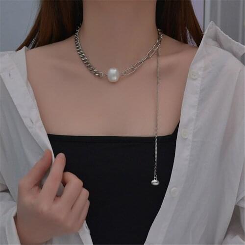 316L Stainless Steel Simple Hip Hop Pearl Metal Letter Tassel Women Necklace Collares Para Hombre