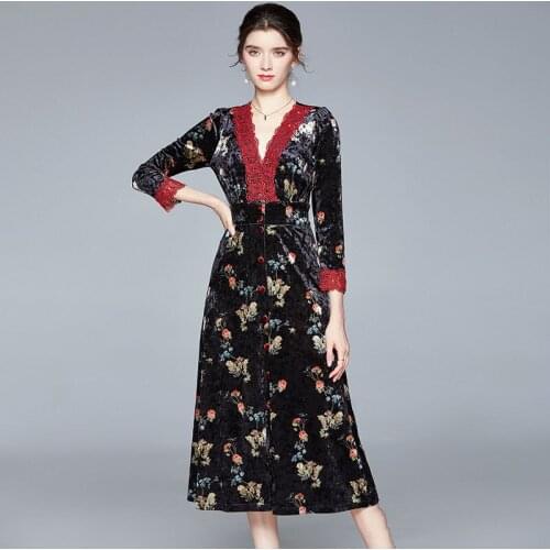 Spring Fall Vintage Women V Neck Lace Patchwork 3/4 Sleeve Floral Velour Long Dress , Woman Slim High Waisted Velvet Dresses