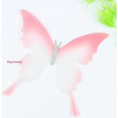 10PCS Gradient Pink Fabric Butterfly Appliques 10cm Organza Butterflies With Glitter Body for Wedding Party Decoration
