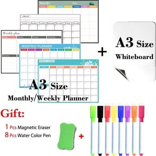 2PC Magnetic Weekly Planner Table and Magnetic Whiteboard Dry Erase Calendar Fridge Sticker Message Board 8 Colors Marker Pen