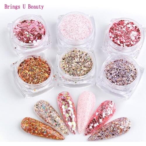 6pcs/set Rose Gold Silver Hexagon Nail Art Glitter Sequins DIY Sparkly Gel Nail Decorations for Acrylic Nails Tools