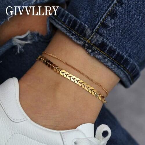 Free Shipping 2pcs/set Gold Leaf Chain Anklets for Women Simple Anklet Men Jewelry