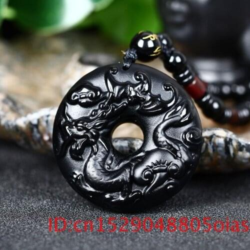 Natural Black Obsidian Beads Necklace Hand-Carved Zodiac Dragon Safety Button Jade Pendant Fashion Charm Jewelry Amulet Gifts
