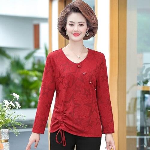 Long Sleeves Drawstring T-Shirts Spring Fall Women Bottoming Pullovers 2021 New Plus Size 5XL Middle Age Mother Tee Tops