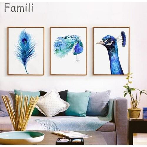 Canvas Painting Peacock Wall Pictures Cuadros Decoration Home Decor Blue Oil Paintings for Living Room Modern No Frame 3 Pieces