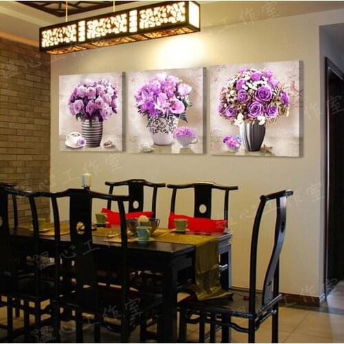 Printed Painting modern home decorative Painting Purple flowers Painting on canvas 3 Panel Wall art With Framed W0144