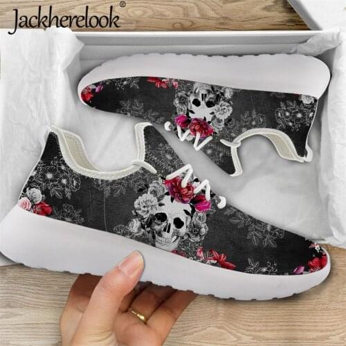 Jackherelook Sugar Skull Print Breathable Sneaker Womens Trainers Knit Flats Shoes Rose Gothic Design Casual Walking Shoe Mujer