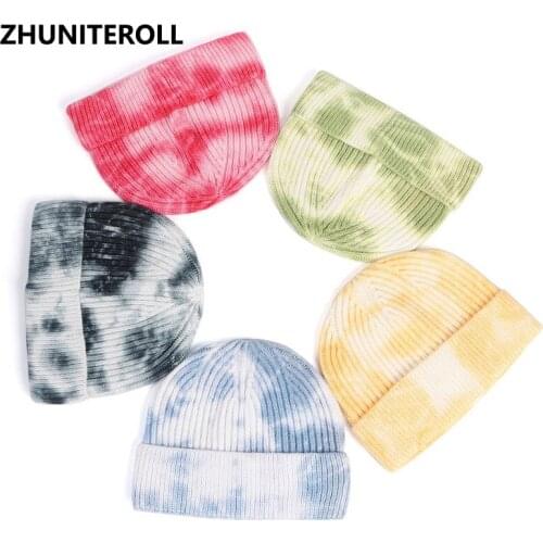 Harajuku Men Hip Hop Tie Dye Knitted Hats Skullies Beanies Hats Autumn Winter Soft Cotton Warm Caps Japanese Fashion Streetwear