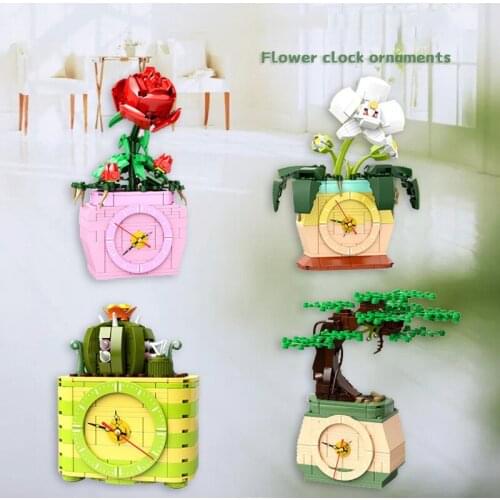 Orchids Preserved Flower Clocks Building Blocks Cactaceae Rose Plants Assembly Time Model Bricks Toys For Friends Birthday Gift