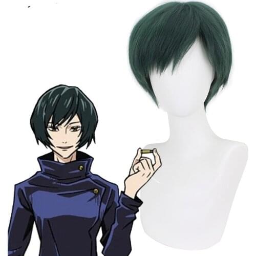 Anime Jujutsu Kaisen Second Grade Zen'in Mai Cos Wig Dark Green Fluffy Face Short Hair Material Simulation High Temperature Silk