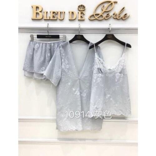 New Spring and Autumn Womens Printing Lace Silk Pajama Three Piece Pants Set Sleepwear Ladies Home Clothes Night Suits