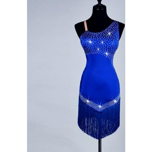 2017 New hanging diamond Latin Rumba Cha Cha Dance Dress Formal Competition Clothing Adult Stage Performance Costumes Royal blue