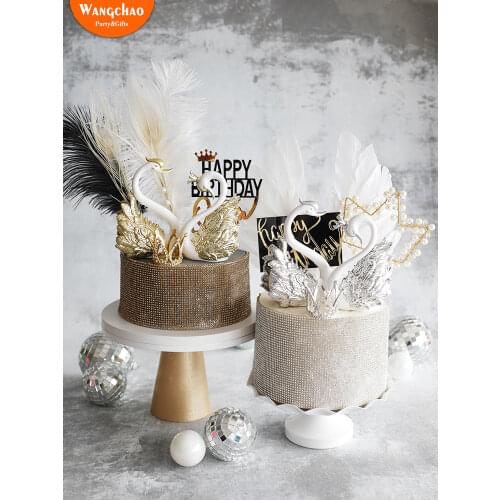 Romantic Gold Silver Crown Swan Ornate Happy Birthday Cake Topper Dress Feather Gauze Wedding Cake Decoration Party Supplies
