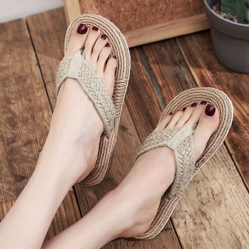Womens Linen slippers Summer Indoor Breathable Flip-Flops Woman Man Open Toe Bohemia Casual Home Shoes Flat Beach Flip-Flops