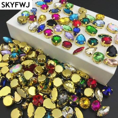 50pcs Randomly Mix Color Shapes Sew On Rhinestone Glass Crystal with Gold Claw Setting Strass DIY Wedding Dress Bags Decoration