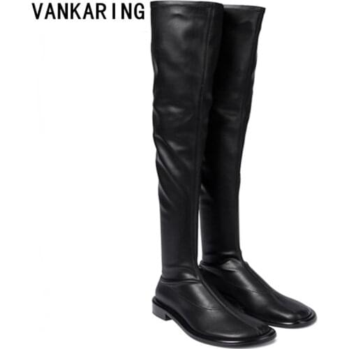 Designer elastic microfiber leather shoes woman over the knee boots autumn winter boots mid thick heels black thigh high boots