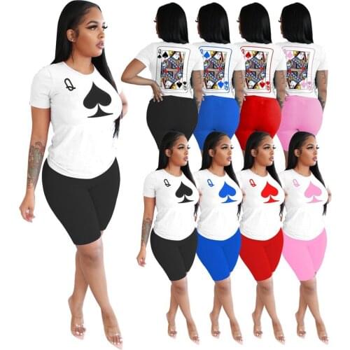 Plus Size Women Shorts Summer Tracksuit Printed Poker Q Pullover T-shirt + Biker Shorts Xl Two Piece Sets for Women Cute Outfit