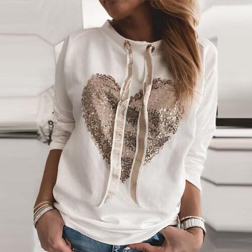 Sequined Patchwork Printing Womens Sweatshirt Casual Long Sleeve O-neck Female Sweatshirts Autumn Women Loose Streetwear Tops