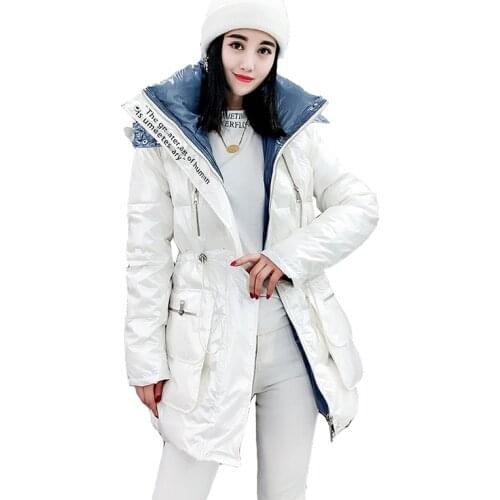 2020 new winter bright face down jacket women overcoats medium long waist fashion slim hooded white duck down parka coat