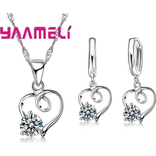 Newest Trendy Gift for Women Girlfriend Original 925 Sterling Silver Round Cut CZ Diamond Heart Necklace Earrings Jewelry Sets