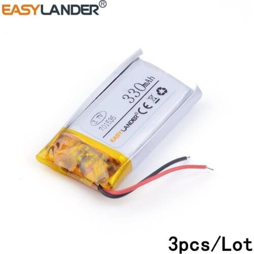 3pcs /Lot 3.7v lithium Li ion polymer rechargeable battery For Bluetooth Headset Mp3 bluetooth mobile electronic 701535 330mAh