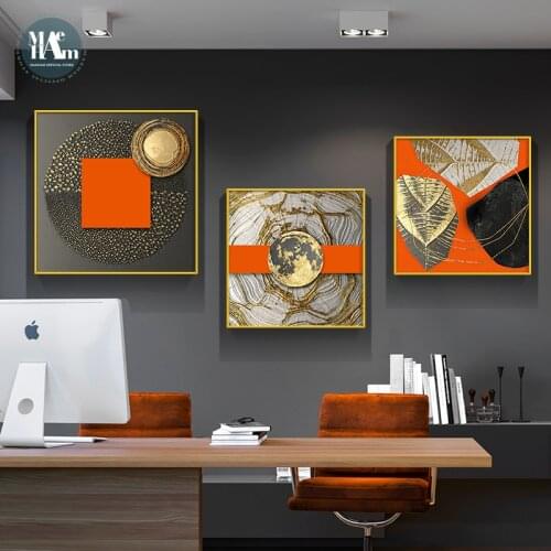 Abstract Orange Canvas Print Painting Gold foil geometric color Poster Wall Art Pictures on Canvas Living Room Office Home Decor