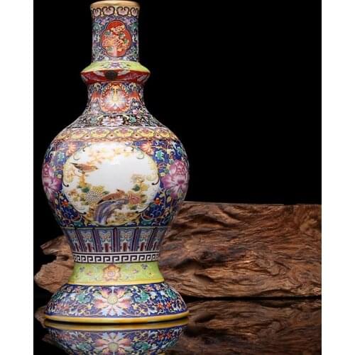 Antique vase with enamel, flower and bird patterns made in Yongzheng of Qing Dynasty