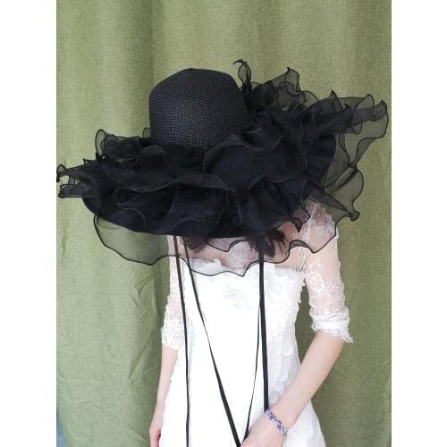 Large Organza Floppy Sun Hat Women Multi-Layers Mesh Wide Brim Straw Hat Summer Travel Beach Photo Shooting Ladies Fedora Hat