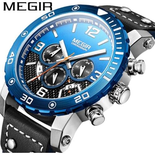 MEGIR 2084 Fashion&Casual Mens Watches Waterproof Quartz Chronograph Clock Luxury Military Leather Sports Men Wrist Watch