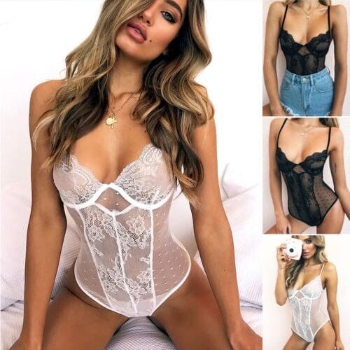 Hot Sale Ladies Elegant V Neck Bodycon Tops Babydoll Mesh Stitching Bodysuit Womens Nightwear Sexy Lace Bodysuits