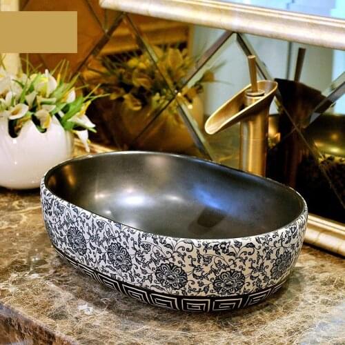 Ceramic Art Oval Table Basin European Style Vintage Basin WashbasinBathroom sinks wash Basin blue and white pattern