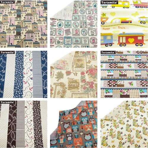 Linen Fabric Sewing Material Tissu House and Cat Design Tablecloth Pillow Bag Curtain Cushion TERAMILA Home Textile CM