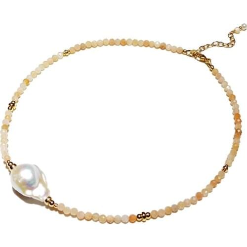 Lii Ji Baroque Pearl Sunstone 14K Gold Filled Mini Stone Necklace Natural Stone 3mm Sparkling Beaded Necklace 36cm+4cm